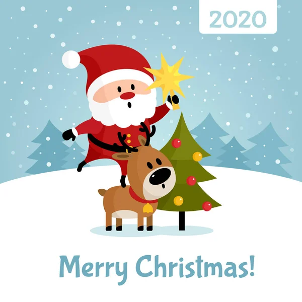 크리스마스 트리에 걸려 있는 사슴 위에 있는 산타 클로스 — 스톡 벡터