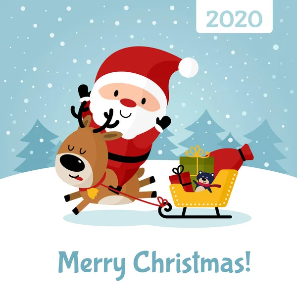 Santa Claus jumps on deer and sledge, sack gift — Stock Vector