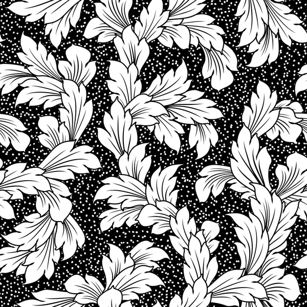 Sömlös barock lämnar svart blommig bakgrund — Stock vektor
