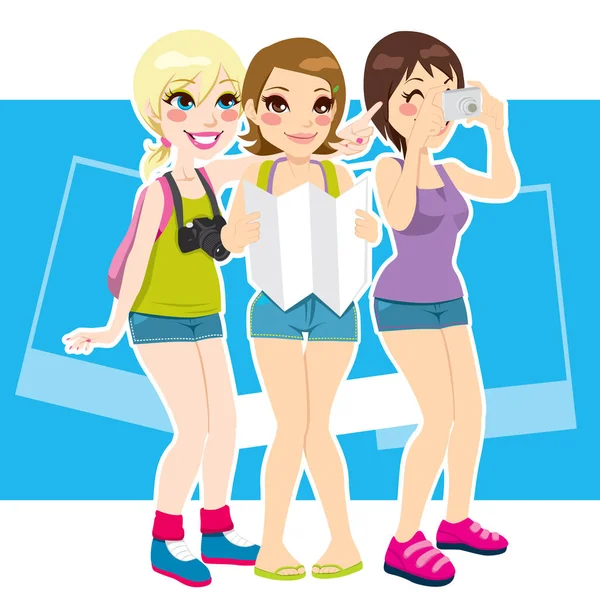 Felice turista ragazze — Vettoriale Stock