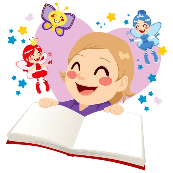逗人喜爱的女孩读童话 — 图库矢量图片