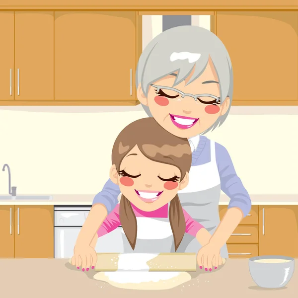 Grandmother Teaching Granddaughter Make Pizza — Stock Vector