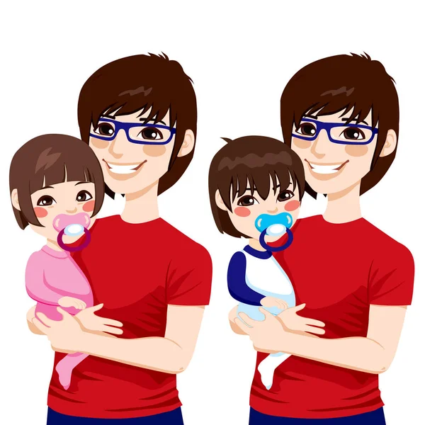 Japanese Father With Kids — Stock Vector