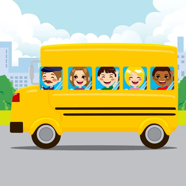 Kids Riding School Bus — Stock Vector