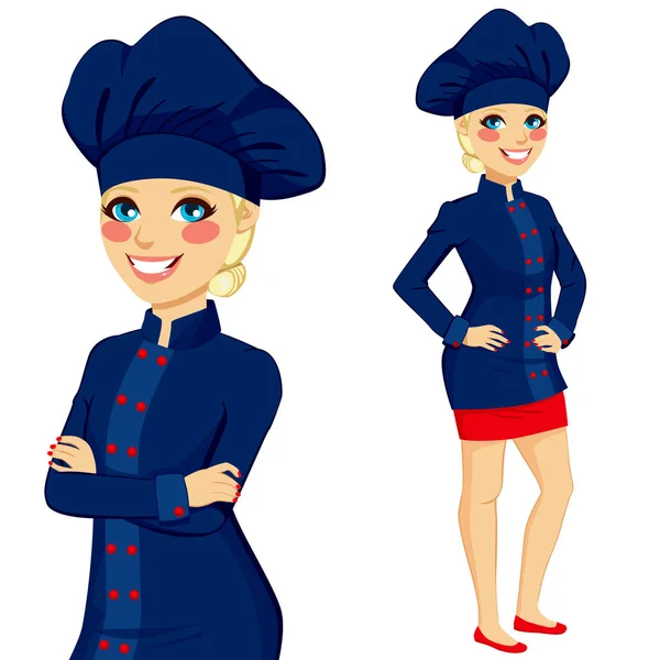 Chef mulher azul escuro uniforme — Vetor de Stock