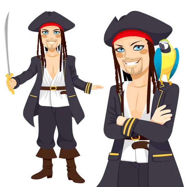 Young Pirate And Parrot — Stock Vector