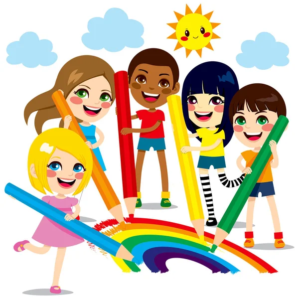 Bambini disegno arcobaleno — Vettoriale Stock
