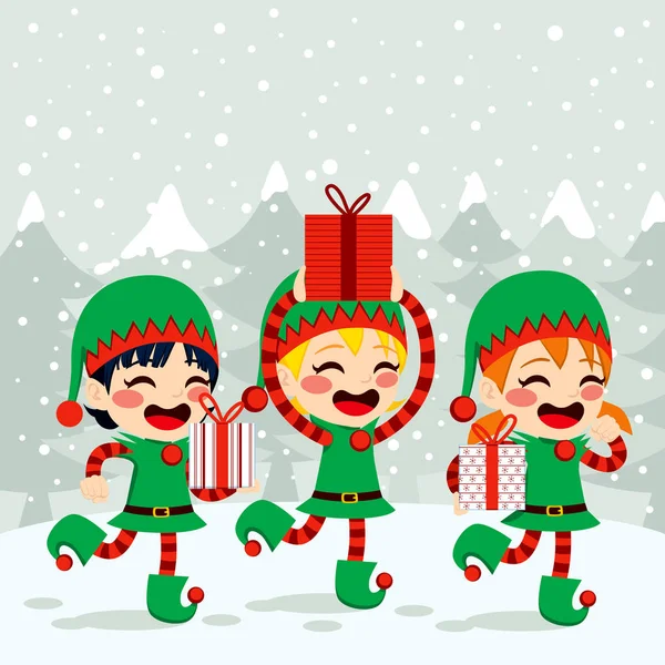 Elfes de Noël portant des cadeaux — Image vectorielle
