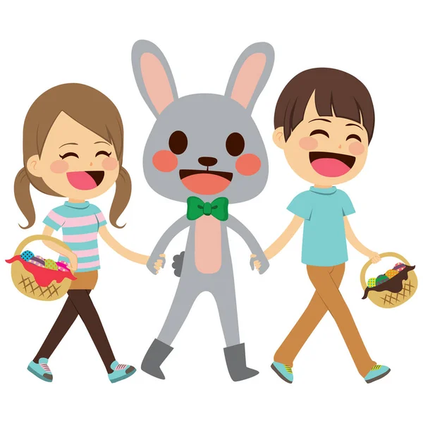Children Walking Easter Bunny — Stock Vector