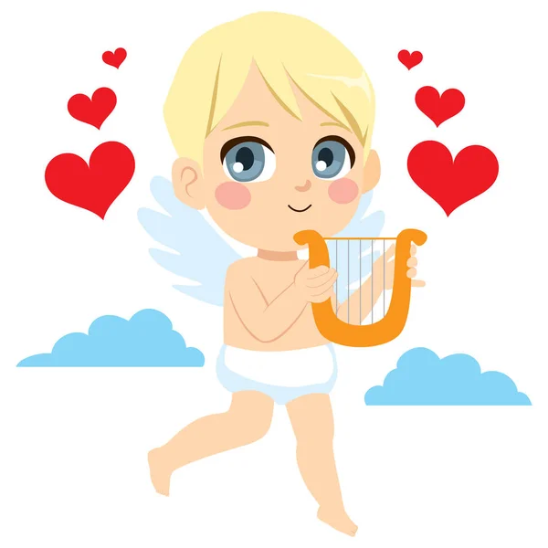 Ángel de Cupido con Arpa — Vector de stock