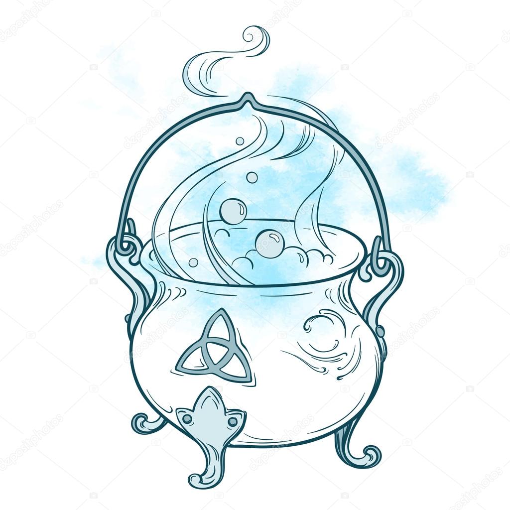 Blue boiling magic cauldron vector illustration. Hand drawn wiccan design, astrology, alchemy, magic symbol isolated over abstract watercolor background