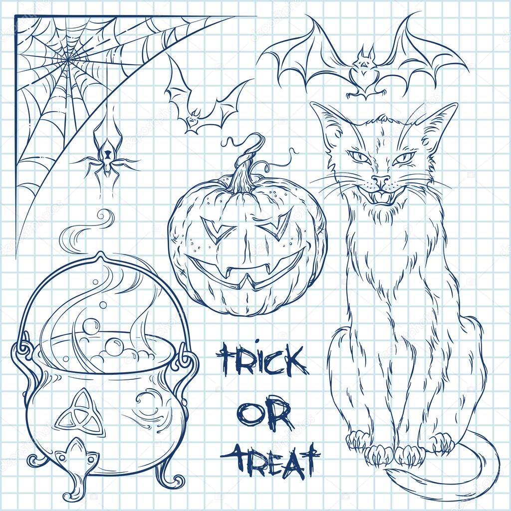 手描きハロウィン落書きコレクション方眼背景にセットします 猫 大釜 蜘蛛 カボチャとコウモリのベクトル イラスト ストックベクター C Croisy 手描きハロウィン落書きコレクション方眼背景にセットします 猫 大釜 蜘蛛 カボチャとコウモリのベクトル イラスト ストックベクター C Croisy