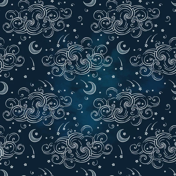 Patrón sin costura vectorial con cuerpos celestes: lunas, estrellas y nubes. Diseño textil boho chic estampado a mano — Vector de stock