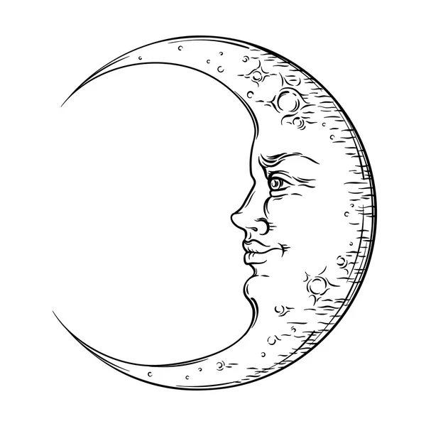 Antique style hand drawn art crescent moon. Boho chic tattoo design vector — Stock vektor