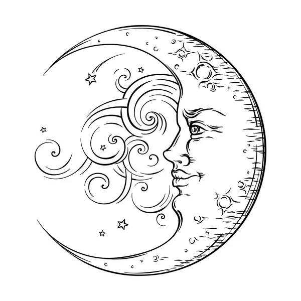 Antique style hand drawn art crescent moon. Boho chic tattoo design vector — Stock vektor