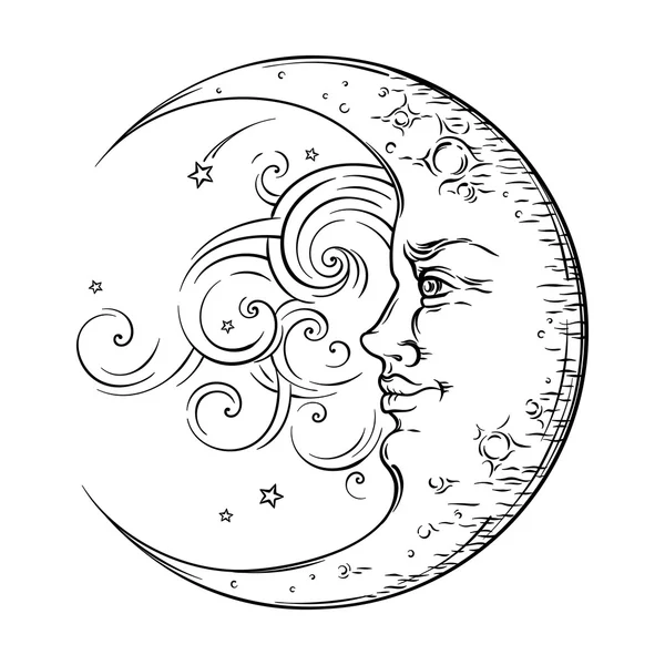 Antique style hand drawn art crescent moon. Boho chic tattoo design vector Stock Illustration