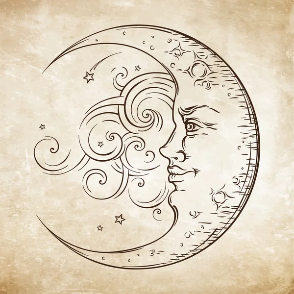 Antique style hand drawn art crescent moon. Boho chic tattoo design vector Vector Graphics