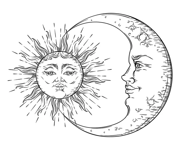 Stile antico disegnato a mano arte sole e luna crescente. Boho chic vettore di disegno del tatuaggio — Vettoriale Stock