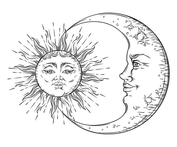 Estilo antiguo dibujado a mano sol arte y luna creciente. Vector de diseño de tatuaje boho chic — Vector de stock