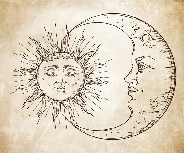 Antique style hand drawn art sun and crescent moon. Boho chic tattoo design vector Royalty Free Stock Vectors