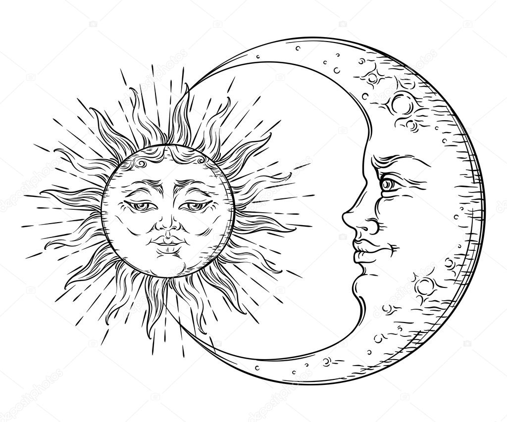 Antique style hand drawn art sun and crescent moon. Boho chic tattoo design vector