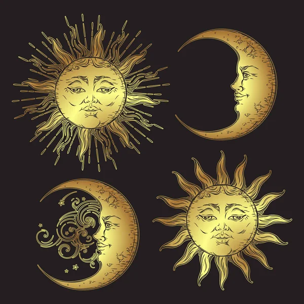 Antique style hand drawn art sun and crescent moon set. Boho chic design vector golden isolated on black background — Stock Vector