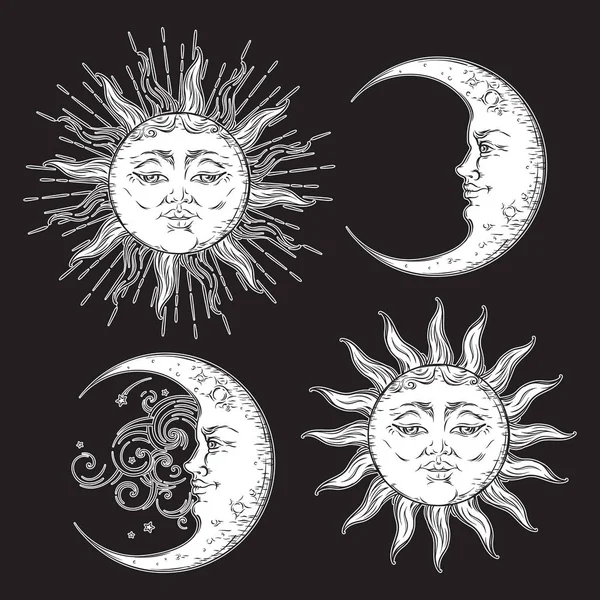 Style antique dessiné à la main soleil d'art et croissant de lune ensemble. Boho design chic vecteur blanc isolé sur fond noir — Image vectorielle
