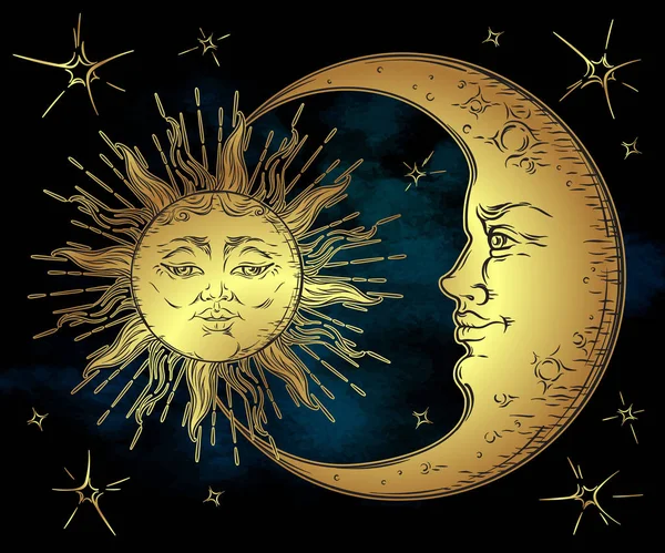 Arte dibujado a mano de estilo antiguo sol dorado, luna creciente y estrellas sobre el cielo negro azul. Vector de diseño boho chic — Archivo Imágenes Vectoriales