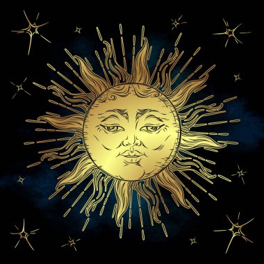 Altın güneş ve yıldızların illüstrasyon vektör. El çizilmiş boho tarzı kumaş tasarımı, Astroloji, simya, büyü sembolü
