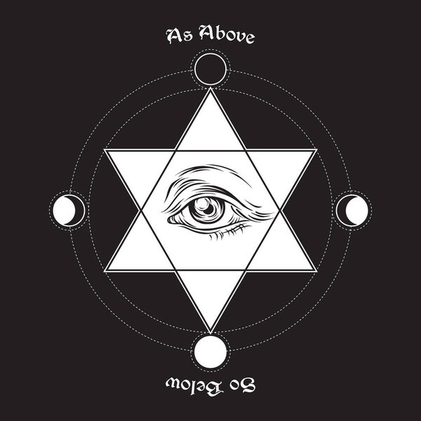 Hand drawn medieval esoteric style vector illustration. Eye of providence in the center of the hexagram. As above, so below - is a maxim in sacred geometry or hermeticism.