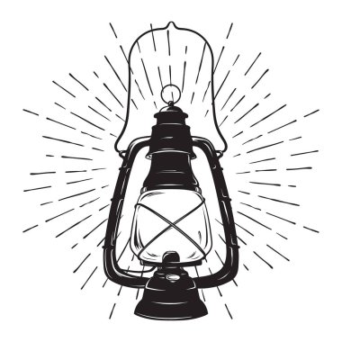 Grunge çizilmiş kroki vintage yağ lambası ışık ışınları ile fener veya gazyağı. Vektör çizim. T-shirt baskı ya da poster tasarım.