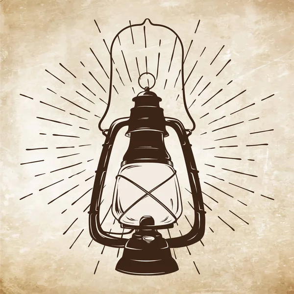 Grunge kézzel rajzolt vázlat vintage olaj lámpa vagy kerozin lámpa fénysugarak. Vektoros illusztráció. Póló nyomtatás vagy poszter design. — Stock Vector