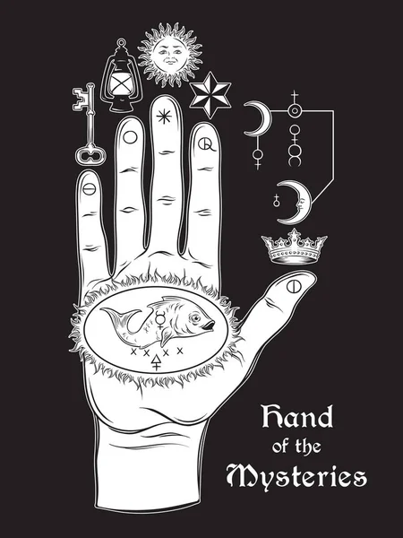 A mão dos Mistérios. O símbolo alquímico da apoteose, a transformação do homem em deus. Desenhado à mão estilo esotérico medieval ilustração vetorial. Desenho de impressão de tatuagem ou cartaz —  Vetores de Stock