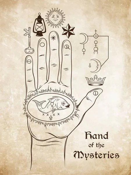 Handen av mysterierna. Alkemiska symbolen för apoteos, omvandlingen av människan till Gud. Hand dras medeltida esoteriska stil vektorillustration. Tatuering eller affisch tryckdesign — Stock vektor