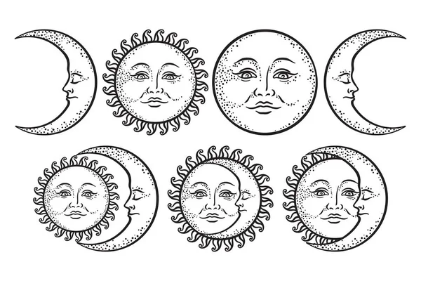 Boho chic flash tatuaggio disegno disegnato a mano arte sole e luna crescente insieme. Adesivo stile antico vettore di design isolato su sfondo bianco — Vettoriale Stock