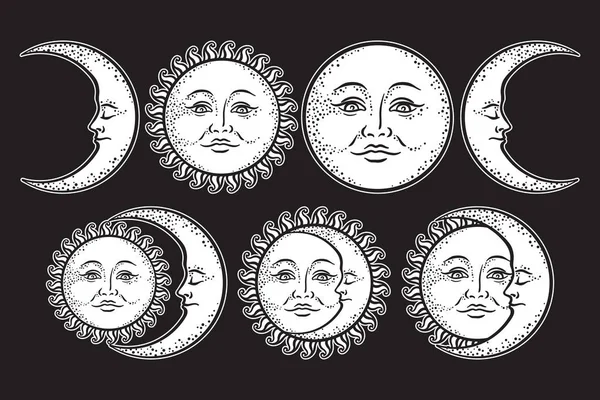 Boho chique flash tatuagem design mão desenhada arte sol e lua crescente set. Vetor de design de estilo antigo isolado no fundo preto —  Vetores de Stock