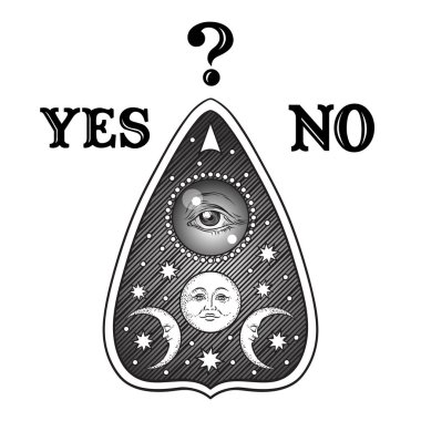 Elle çizilmiş sanat izole oracle planchette gizemli ruh çağırma tahtası. Antika stili boho chic etiket, dövme veya baskı tasarımı vektör çizim
