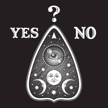 Elle çizilmiş sanat izole oracle planchette gizemli ruh çağırma tahtası. Antika stili boho chic etiket, dövme veya baskı tasarımı vektör çizim