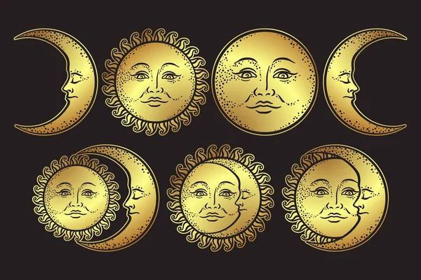 Boho chic flash tattoo design hand drawn art sun and crescent moon set. Antique style design vector isolated on black background Vector Graphics