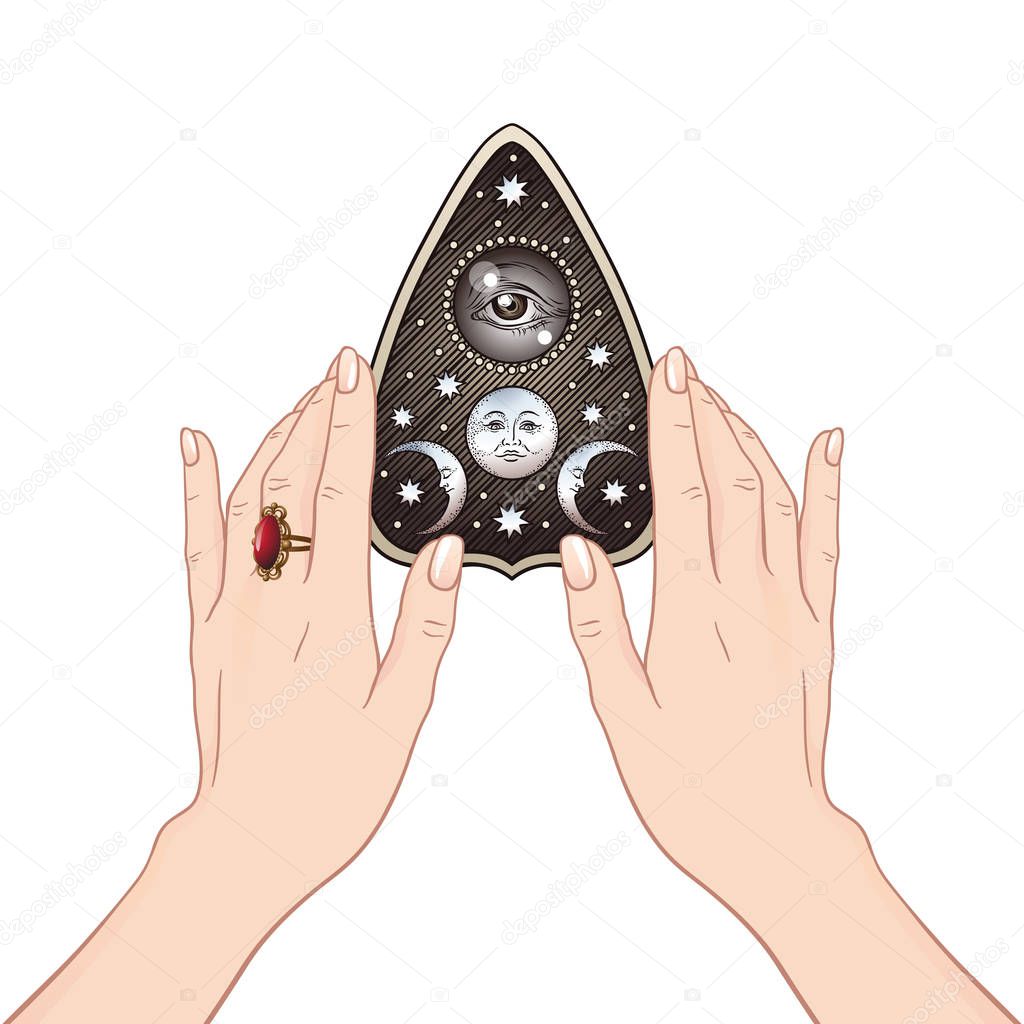 Hand Drawn Art Ouija Board Mystifying Oracle Planchette In Female