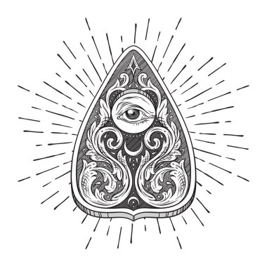 Elle çizilmiş süslü sanat izole oracle planchette gizemli ruh çağırma tahtası. Antika stili boho chic etiket, dövme veya baskı tasarımı vektör çizim