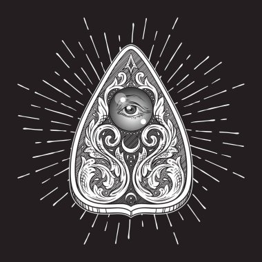 Elle çizilmiş süslü sanat izole oracle planchette gizemli ruh çağırma tahtası. Antika stili boho chic etiket, dövme veya baskı tasarımı vektör çizim