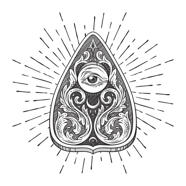 Hand drawn ornate art ouija board mystifying oracle planchette isolated. Antique style boho chic sticker, tattoo or print design vector illustration