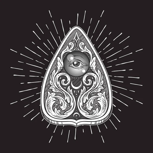 Tablero de ouija de arte ornamentado dibujado a mano que mistifica la plancheta del oráculo aislada. Etiqueta engomada boho chic estilo antiguo, tatuaje o impresión vector de diseño ilustración — Vector de stock