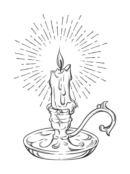 Ručně tažené hořící svíčku v vintage svícen s paprsky světla vektorové ilustrace — Stockový vektor