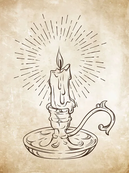 Ручная зажженная свеча в винтажном подсвечнике с лучами световой векторной иллюстрации — стоковый вектор