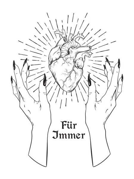 Menschenherz in anmutigen Frauenhänden isoliert. Aufkleber, Druck oder Blackwork-Tätowierung handgezeichnete Vektorillustration. Inschrift: für immer in deutsch — Stockvektor