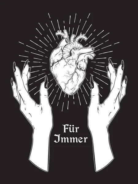 Human heart in graceful female hands isolated. Sticker, print or blackwork tattoo hand drawn vector illustration. Inscription: forever in german — Stock Vector