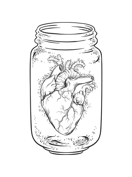 Cuore umano in vaso di vetro isolato. Adesivo, stampa o blackwork tatuaggio disegnato a mano vettoriale illustrazione — Vettoriale Stock