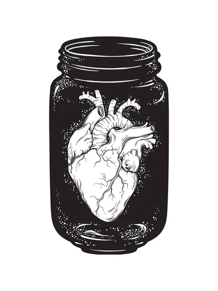 Corazón humano en frasco de vidrio aislado. Etiqueta engomada, impresión o blackwork tatuaje ilustración vectorial dibujado a mano — Vector de stock